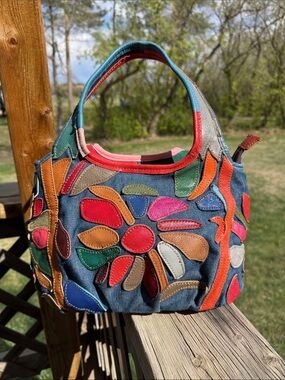 Multicolor Floral Appliqué Denim Tote